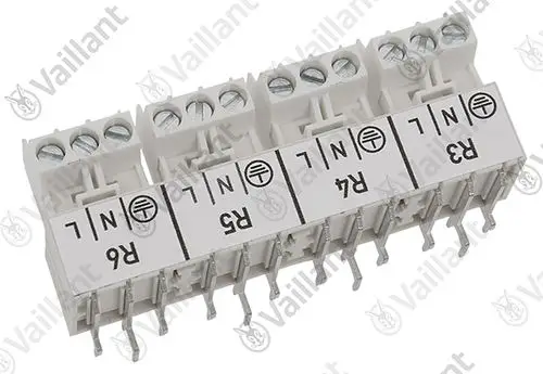 Vaillant Steckverbinder mit mehreren Anschlüssen, gekennzeichnet mit den Nummern R3, R4, R5 und R6, zur elektrischen Verbindung in Heizungsanlagen.